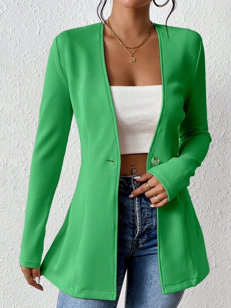 Dame Blazer Bekvem Pustende Knapper OL-stil Fritid عادي Kontor Gate Avslappet Dagligdagstøy Enkeltkneppet Normal V-hals Normal Langermet Yttertøy Svart Hvit Rød Vår Høst 2025 - $34.99 –P15