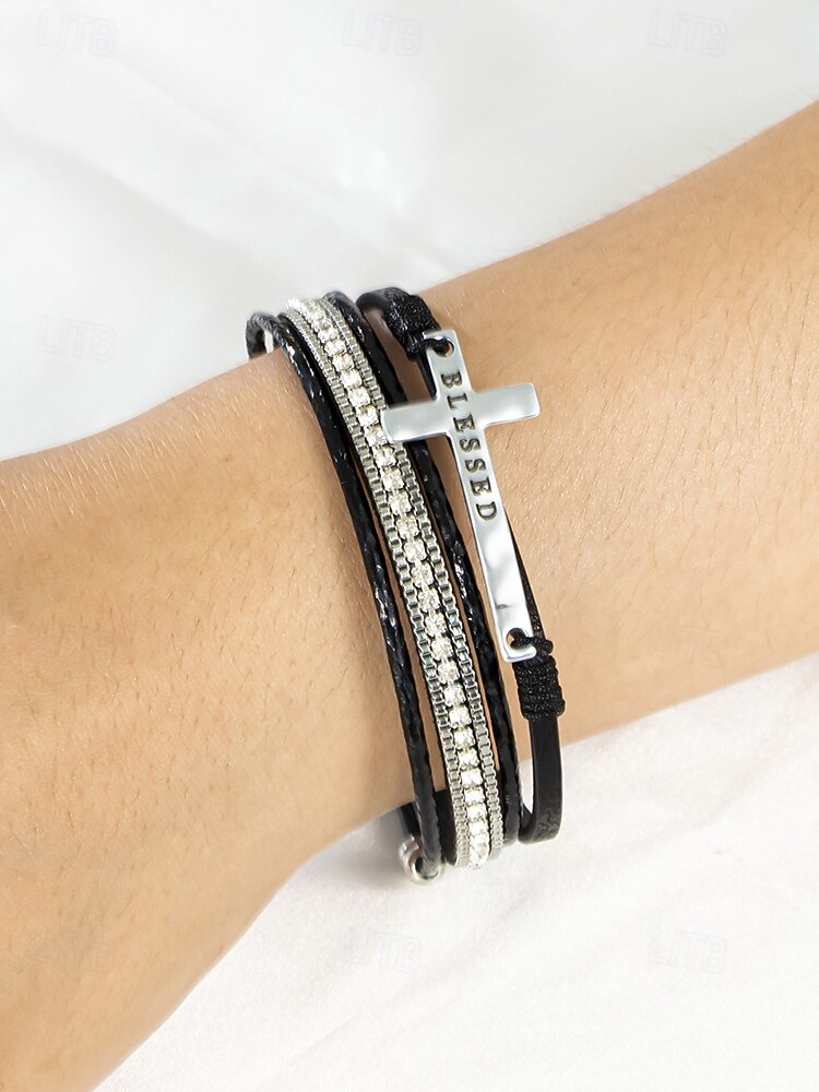 Dámský vícevrstvý náramek s křížkem a kamínky – inspirativní „požehnaný“ náramek z umělé kůže pro běžné nošení, do kostela i na zvláštní příležitosti 2026 - $9.99 –P5