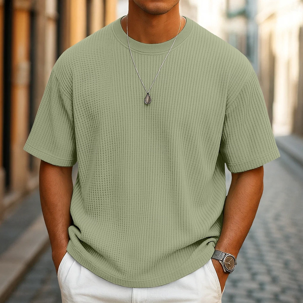 Homme Tee-shirt Gaufre T-shirt Manche Courte Col ras du cou Été Toutes saisons Couleur Unie Texturé Mode Designer Occasionnel Tricoté Extérieur Occasionnel Quotidien Vert Claire bleu marine Bleu de 2026 ? $18.99 –P4