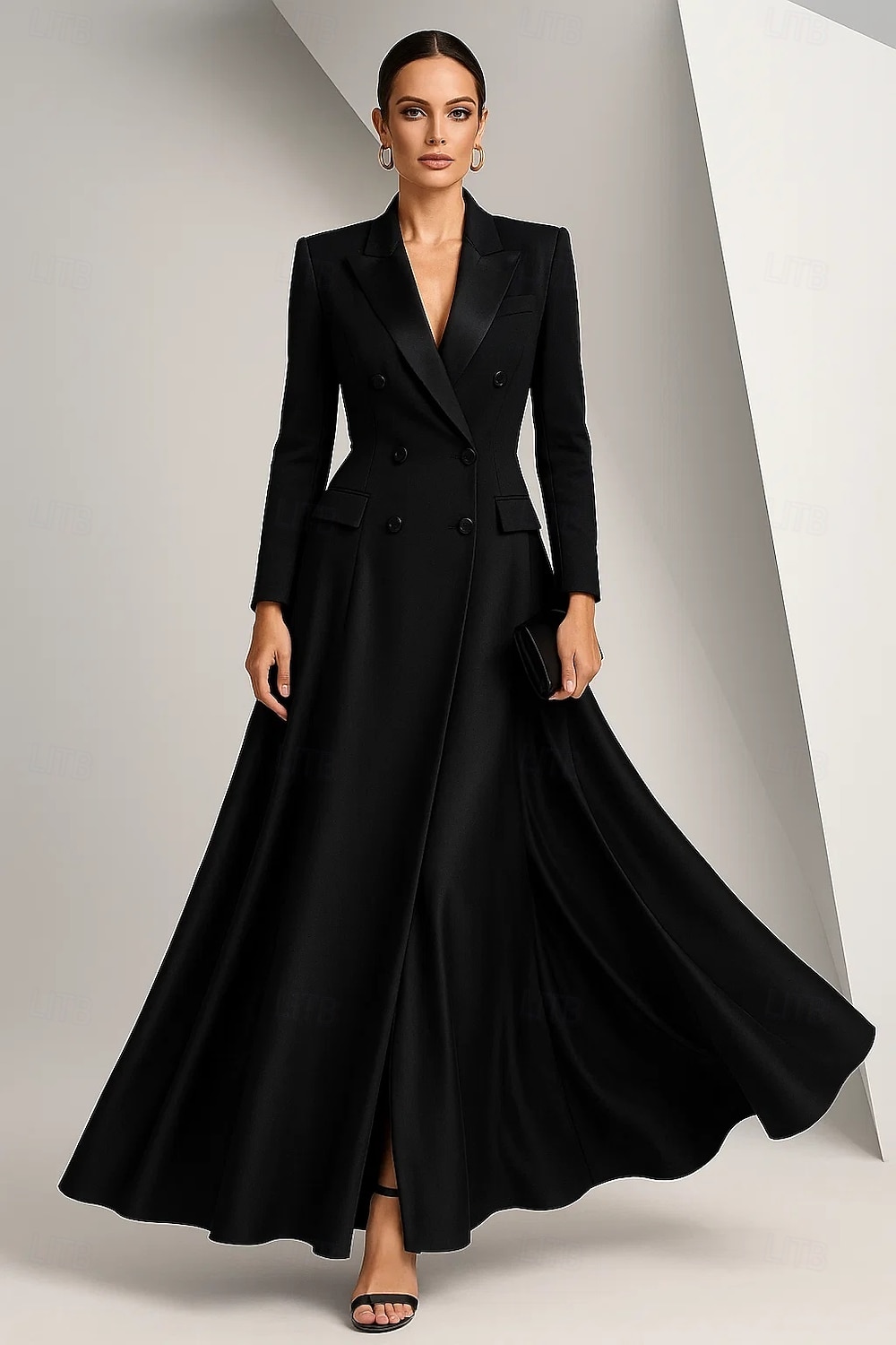 schwarzes Smokingkleid Blazerkleid A-Linie Kleid für die Brautmutter elegantes spitzes Revers bodenlanges Stretch-Satin Langarm mit Volltonfarbe 2025 2025 - $189.99 –P1