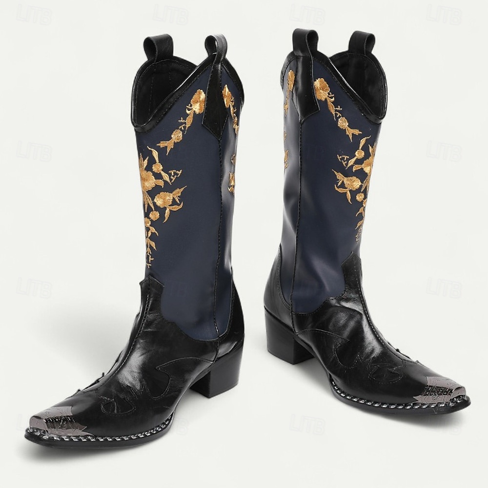 Men's Navy and Black Cowboy Boots with Gold Embroidery – Elegant Western Boots for Stage Performances, Country Celebrations and Themed Parties 2026 - $199.99 –P6