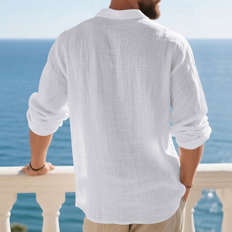 Herre Linskjorte Golf skjorte Arbeid Avslappet Knaphul Langermet Grunnleggende Moderne عادي Knapper Vår Høst Normal Svart Hvit Navyblå Kakifarget Militærgrønn Lyseblå Linskjorte 2025 - $20.99 –P4