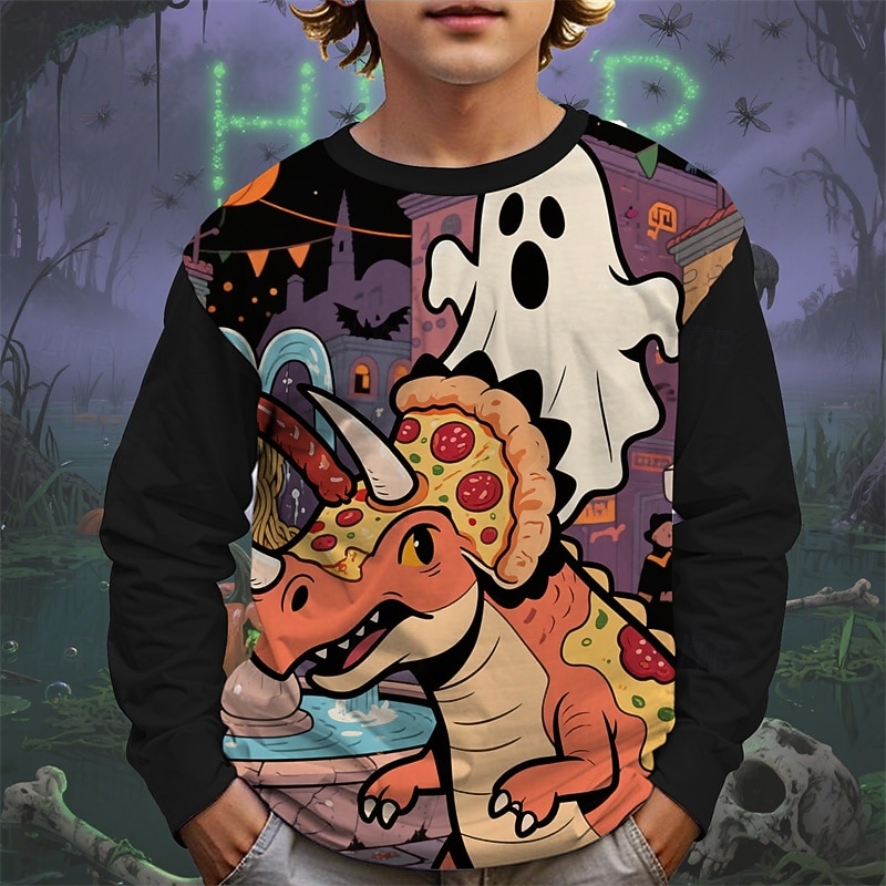 Halloween Poikien 3D Piirretty Kurpitsa Dinosaurus T-paita Pitkähihainen Kevät Syksy Muoti Perus Lapset 4-12 vuotta Tiukka pyöreä kaula-aukko ulko- Kausaliteetti Päivittäin Normaali 2025 - $13.99 –P3
