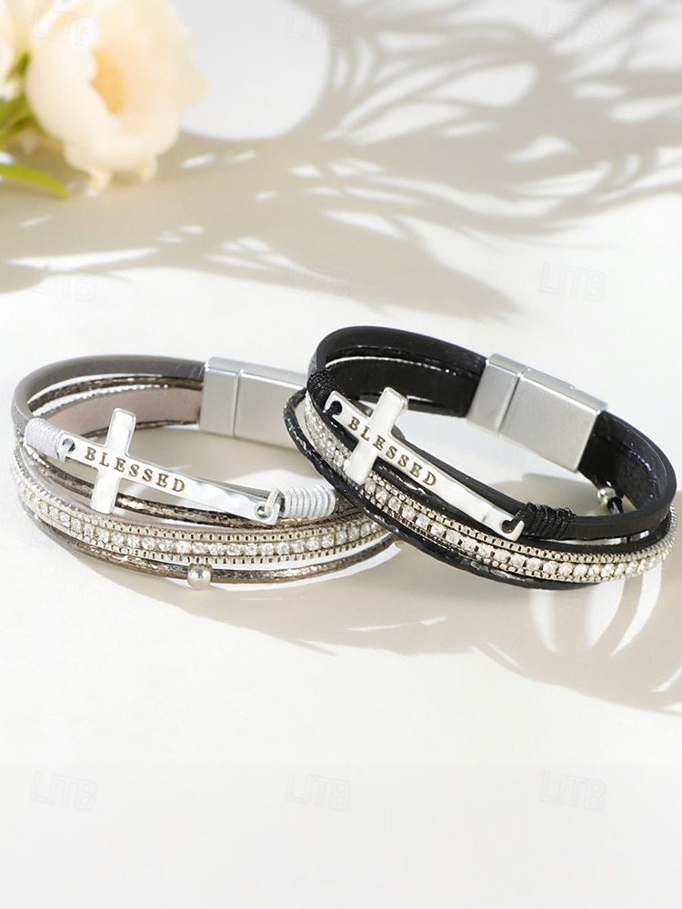 Dámský vícevrstvý náramek s křížkem a kamínky – inspirativní „požehnaný“ náramek z umělé kůže pro běžné nošení, do kostela i na zvláštní příležitosti 2026 - $9.99 –P9