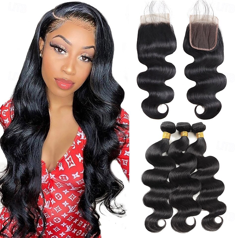 Braziliaanse bodywave van menselijk haar, weefextensie van menselijk haar, 3 bundels met sluiting, 4x4 kantsluiting 2025 - $211.99 –P1