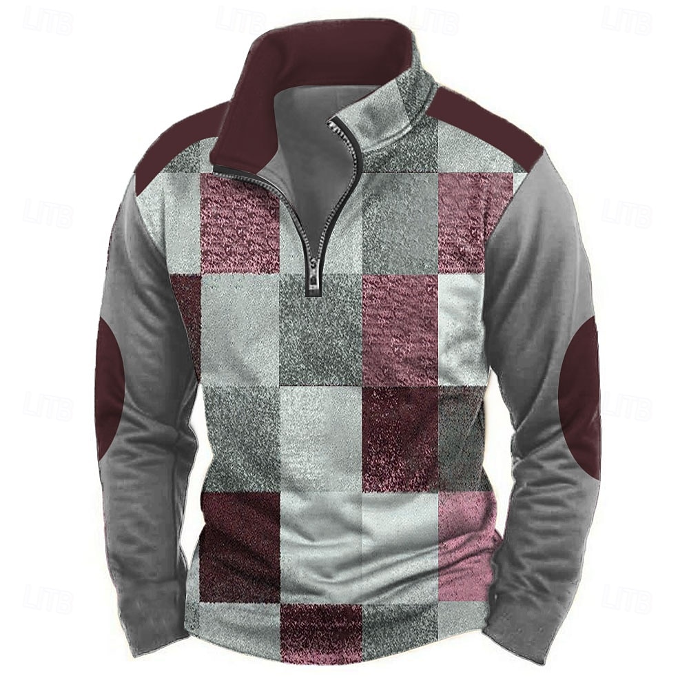 Herr Geometrisk Rutig Tröja Ledigt Vintage retro Långärmad Hög hals Utomhus Streetwear Rubinrött Blå Dragkedja Fjärdedels blixtlås Höst Vinter Designer 2025 - $28.99 –P5