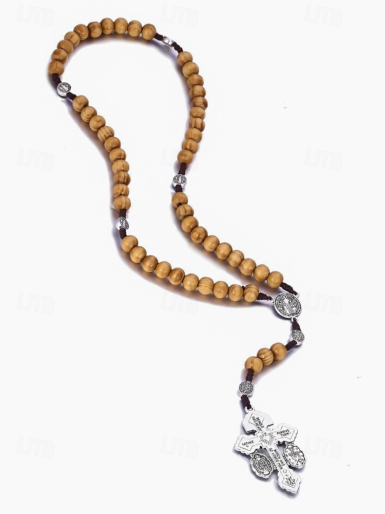 Rosario de madera para hombre con medalla de San Benito y crucifijo: cuentas de oración católicas para el culto religioso, la reflexión espiritual y la devoción diaria. 2025 - $7.99 –P11