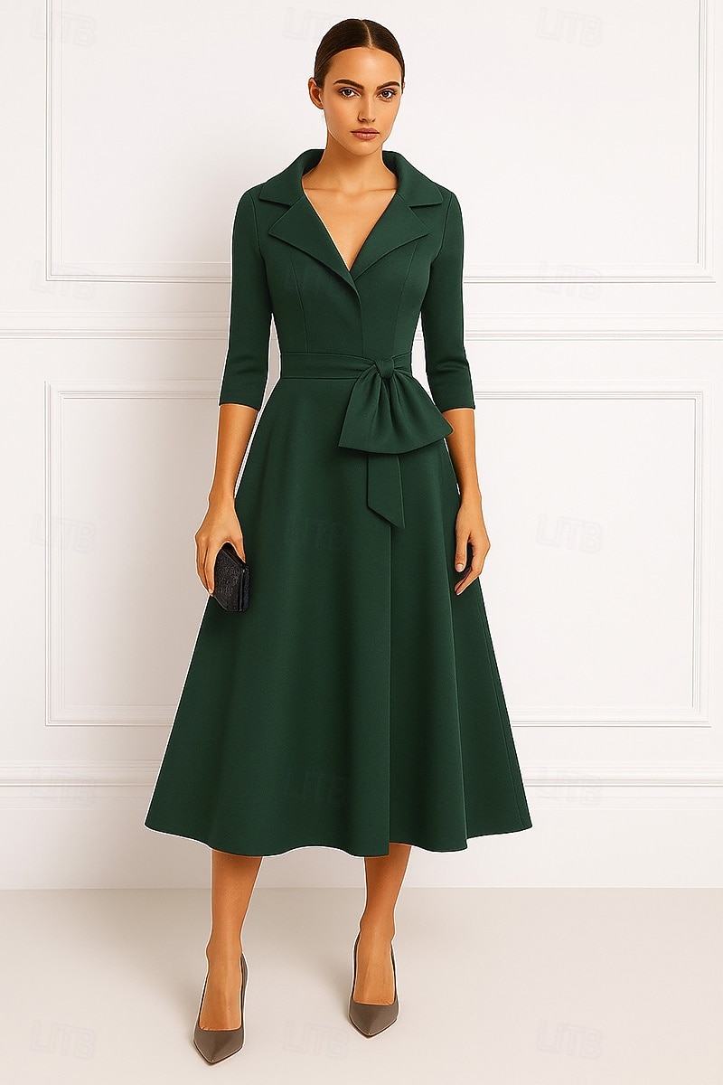 Rød portrettkrage A-linje cocktailkjoler elegant kjole formell bryllup te-lang midi-lengde 3/4-ermet stretch crepe med sløyfe(r) 2025 2025 - $132.99 –P5