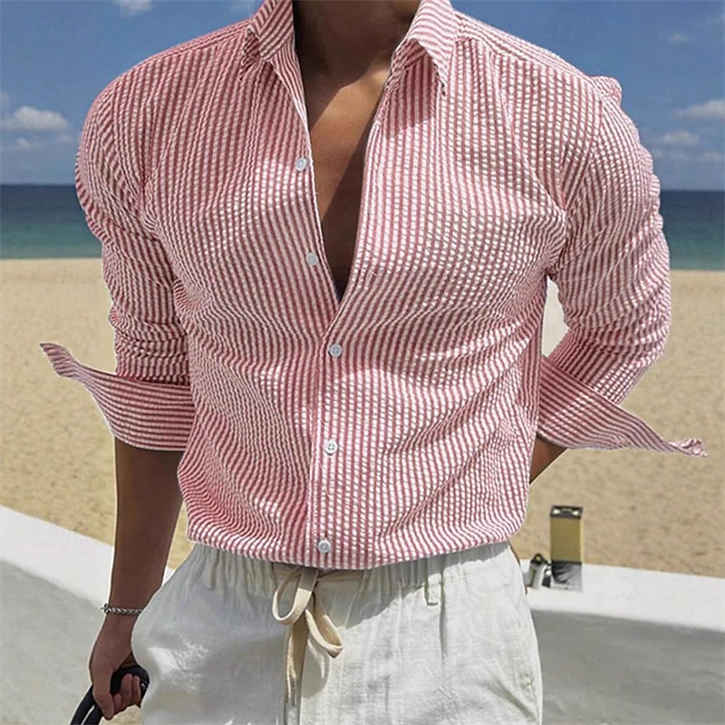 Men's Shirt Summer Shirt Casual Shirt Beach Shirt Button Up Shirt White Long Sleeve Stripe Lapel Streetwear Vacation Clothing Apparel Polyester Fashion Casual Comfortable 2026 - $26.99 –P1