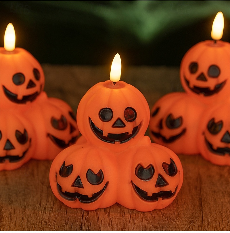 1 pz 10,7 * 10,2 cm zucca di Halloween a tre teste candela elettronica a led per interni ed esterni ristorante bar atmosfera divertente luce notturna batteria LR44 * 3 del 2025 a $4.99 –P2