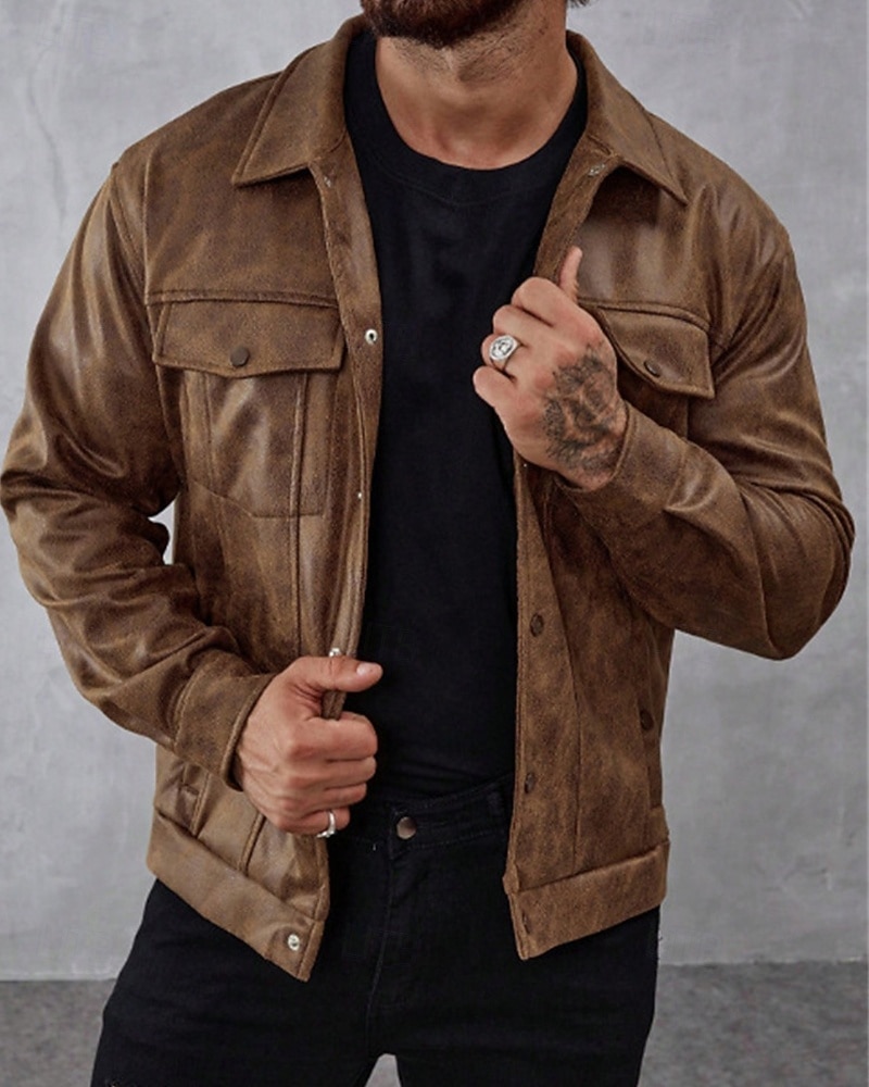Per uomo Giacca in Ecopelle Giacca in finta pelle scamosciata Vacanza Quotidiano Antivento Caldo Tasca Autunno Inverno Semplice Moda Classico Bavero Regolare Marrone Giacca del 2025 a $39.99 –P1