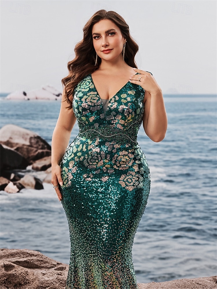 Meerjungfrau/Trompete Abendkleid, elegantes Kleid, formelle Abendparty, bodenlang, ärmellos, V-Ausschnitt, Herbst, Hochzeitsgast, Pailletten, V-Rücken mit Glitzerpailletten 2025 - $159.99 –P3