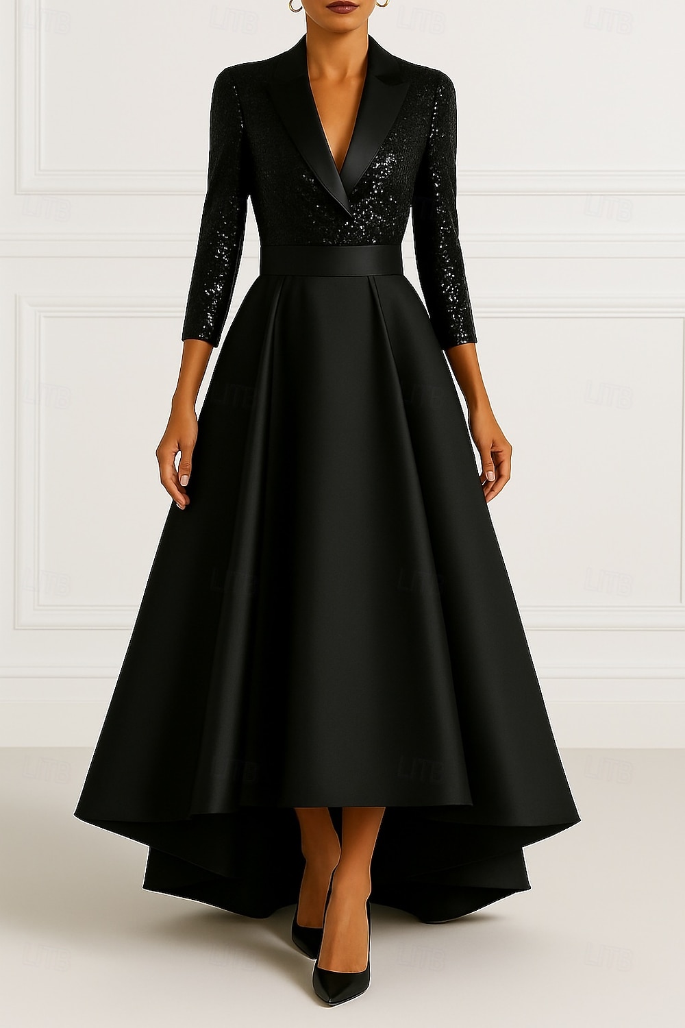 Blazer noir extensible à paillettes, robe de soirée trapèze, robe élégante de mariage formelle, longueur au sol, manches 3/4, revers en satin avec plis pailletés, 2025 de 2025 ? $139.99 –P1