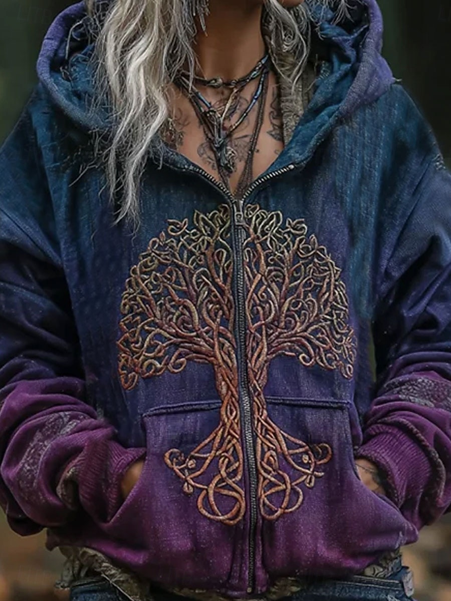 Sudadera con capucha boho vintage de impresión 3D para mujer sudadera con parches florales cierre de cremallera gráfica tribal moda casual de manga larga con capucha tops regulares uso diario bolsa 2026 - $39.99 –P3