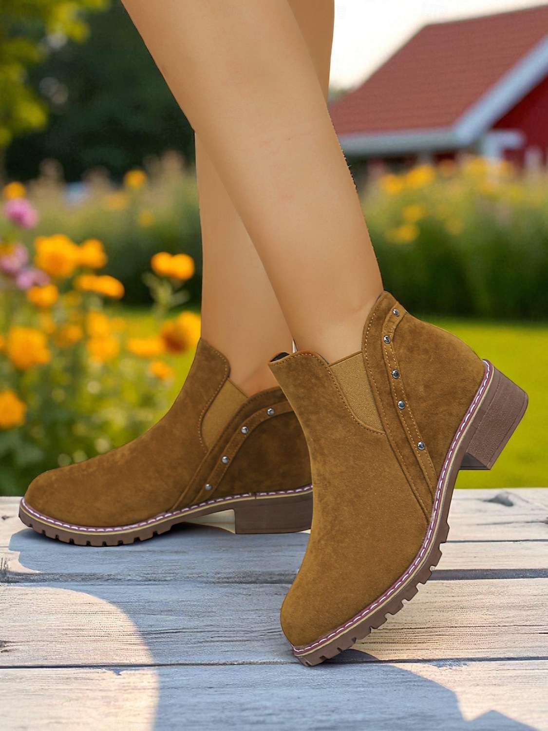 Botines Chelsea de tacón grueso para mujer: botines de punta redonda con detalle de tachuelas para la moda de otoño, visitas a granjas y paseos al aire libre. 2025 - $24.99 –P3