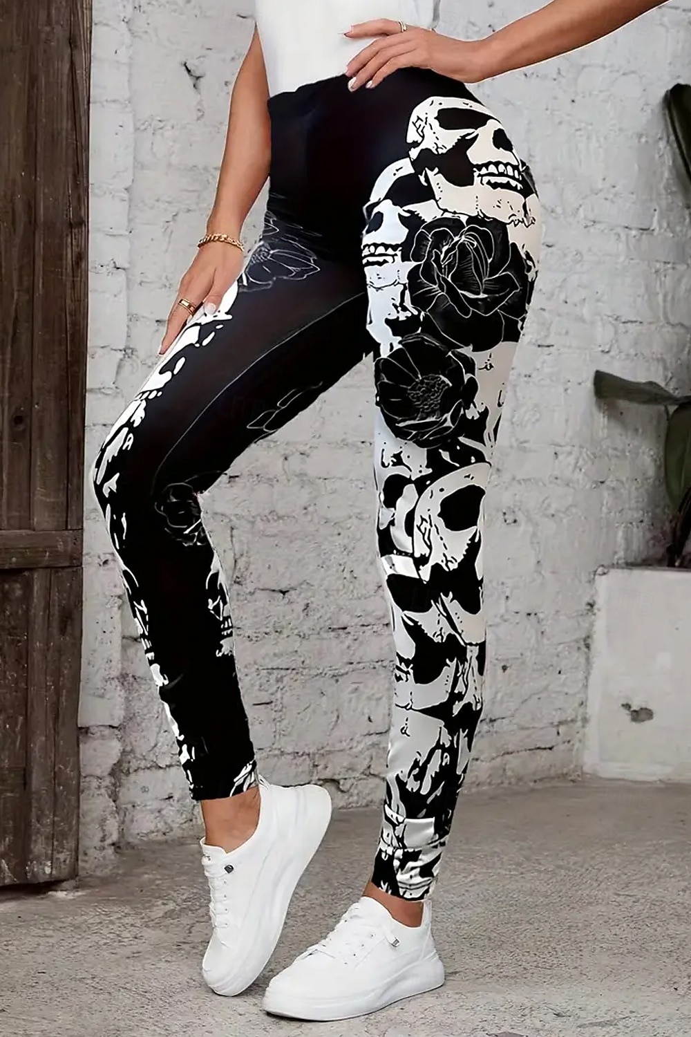 Legginsy damskie na wakacje vintage mody pełna długość wysoki stan grafika czaszki miękka oddychająca rozciągliwa na zewnątrz wakacyjna ulica czarna biała czarno-biała wiosna jesień zima slim fit 2026 - $21.99 –P5