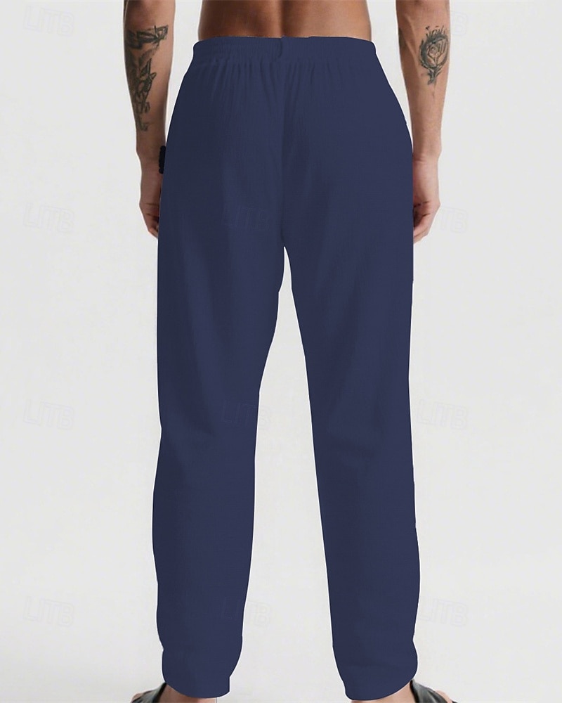 Herr Linne Byxor Långbyxor Sommarbyxor Strandbyxor Snörning Ficka Elastisk midja Slät Komfort Andningsfunktion Semester Dagligen Helgdag Hawaiisk Boho 다크 카키 Svart 2025 - $17.99 –P12