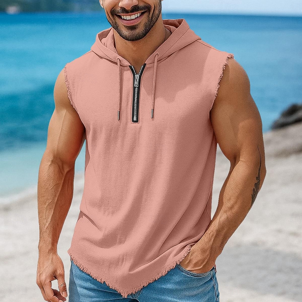 Bărbați Cămașă de in Bluză Vestă Sub Cămașă Fără manșon Capișon Vară Simplu Modă Clasic Modern Quarter Zip Casual Sală de Fitness Stradă Kaki Top tricou pentru bărbați 2026 - $20.99 –P4