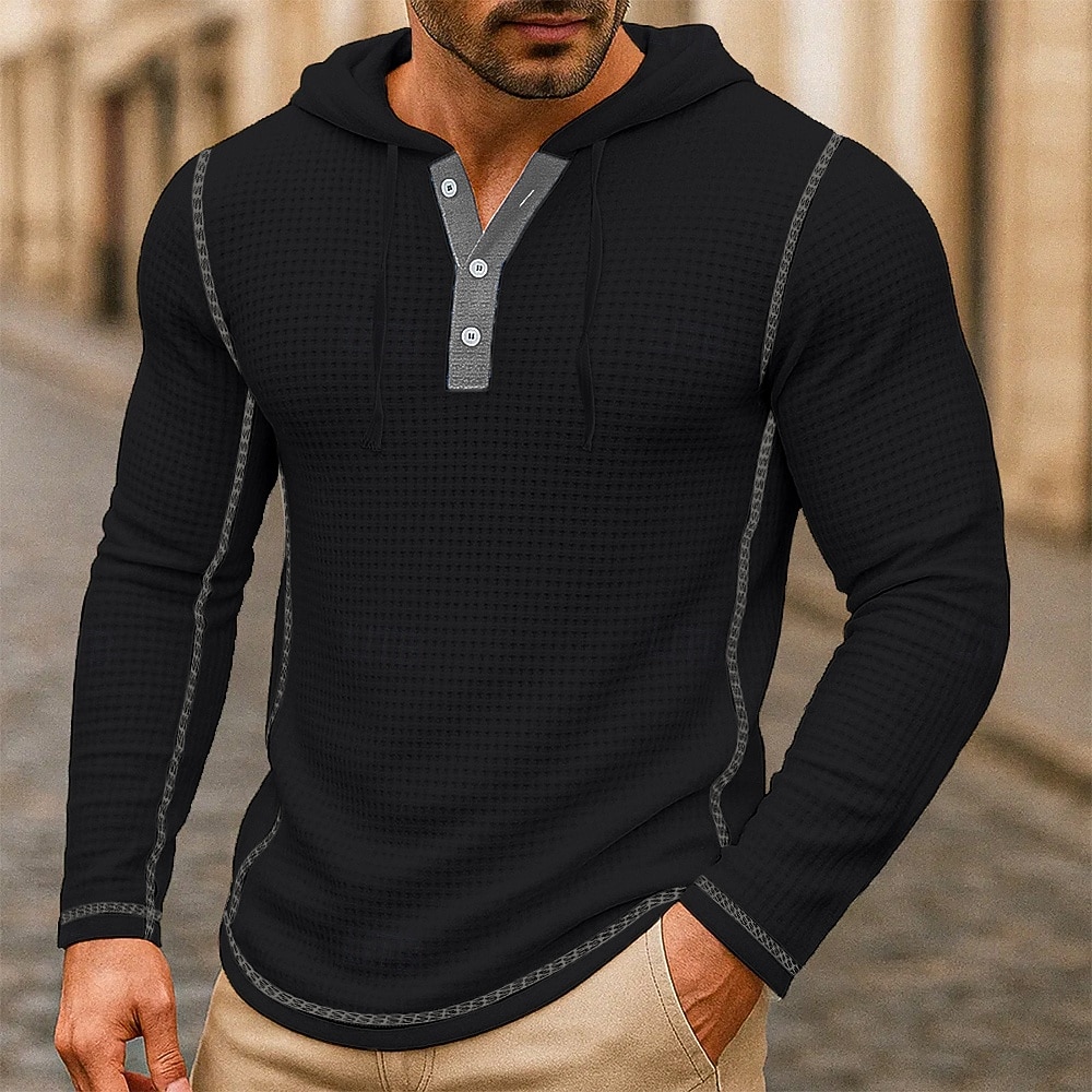 Herren Kapuzenpullover mit Waffelmuster T Shirt Waffel-Henley-Hemd Henley Hemd Langarm Mit Kapuze Henley Frühling Frühling & Herbst Einfach Mode Designer Basic Patchwork Mit Kapuze Urlaub Straße 2025 - $22.99 –P3
