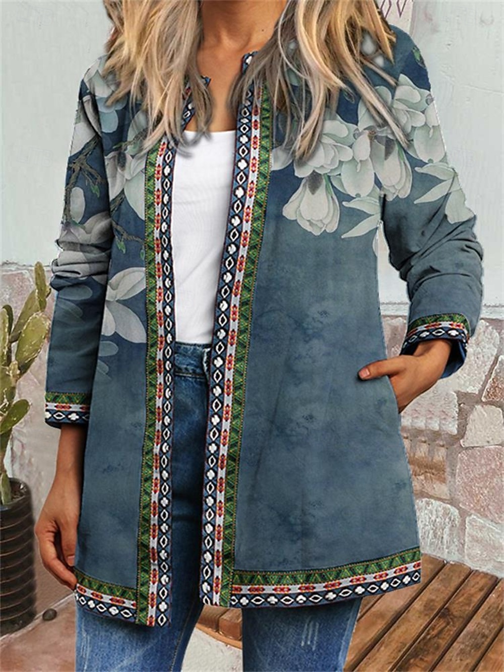 Dame Uformell jakke Vindtett Hold Varm Lomme Fargeblokk Åpen Forside Med lommer Årgang Moderne Fritid Blomstret Avslappet Daglig Fritid / hverdag Kort Crewneck Normal Langermet Yttertøy Lysegrønn 2025 - $31.99 –P1