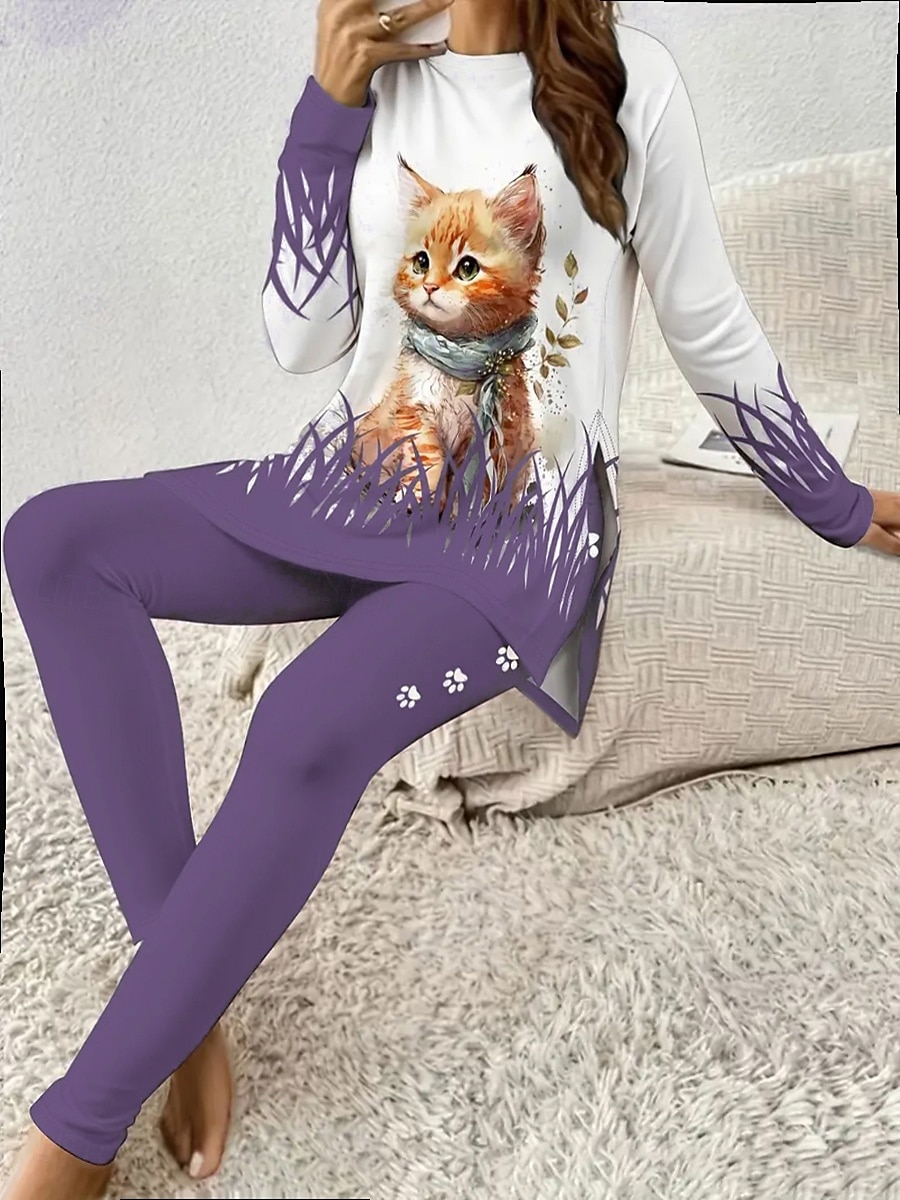Komplet piżamowy dla kobiet dresy okrągły dekolt długi rękaw casual moda spodnie z nadrukiem grafika zwierzęca kot codzienne niebieski fioletowy zielony regularny krój 2025 - $31.99 –P1