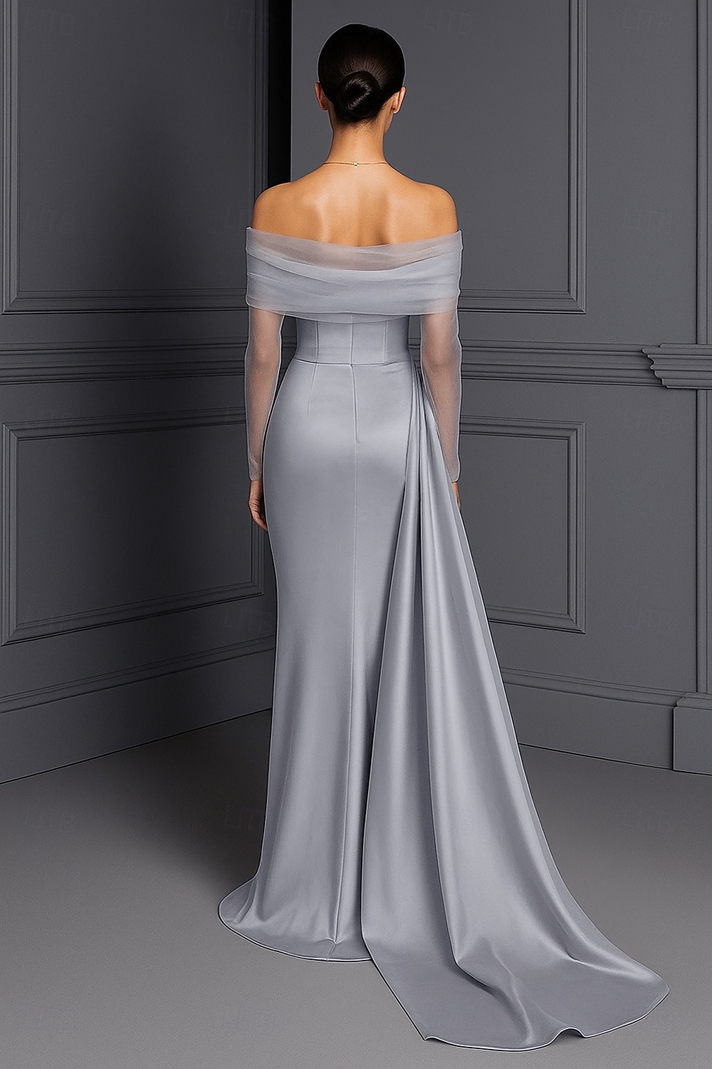abito da sera elegante blu nero con scollo a V, in raso elasticizzato, con spacco arricciato e perline, lunghezza al pavimento, manica lunga, abito formale da sposa 2025 del 2025 a $149.99 –P2