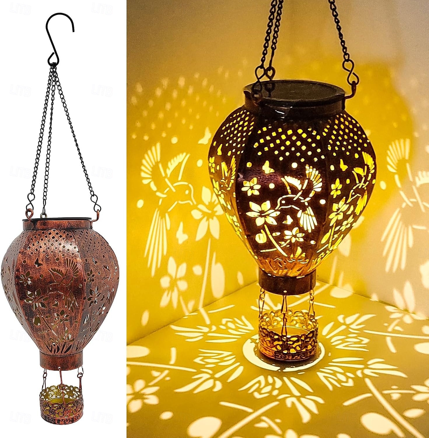 1 pz 45cm luce solare da esterno a sospensione a forma di mongolfiera, luce di proiezione in ferro cavo, colibrì, fungo, cortile, giardino, terrazza, balcone, lanterna decorativa, luce da paesaggio del 2025 a $21.99 –P1
