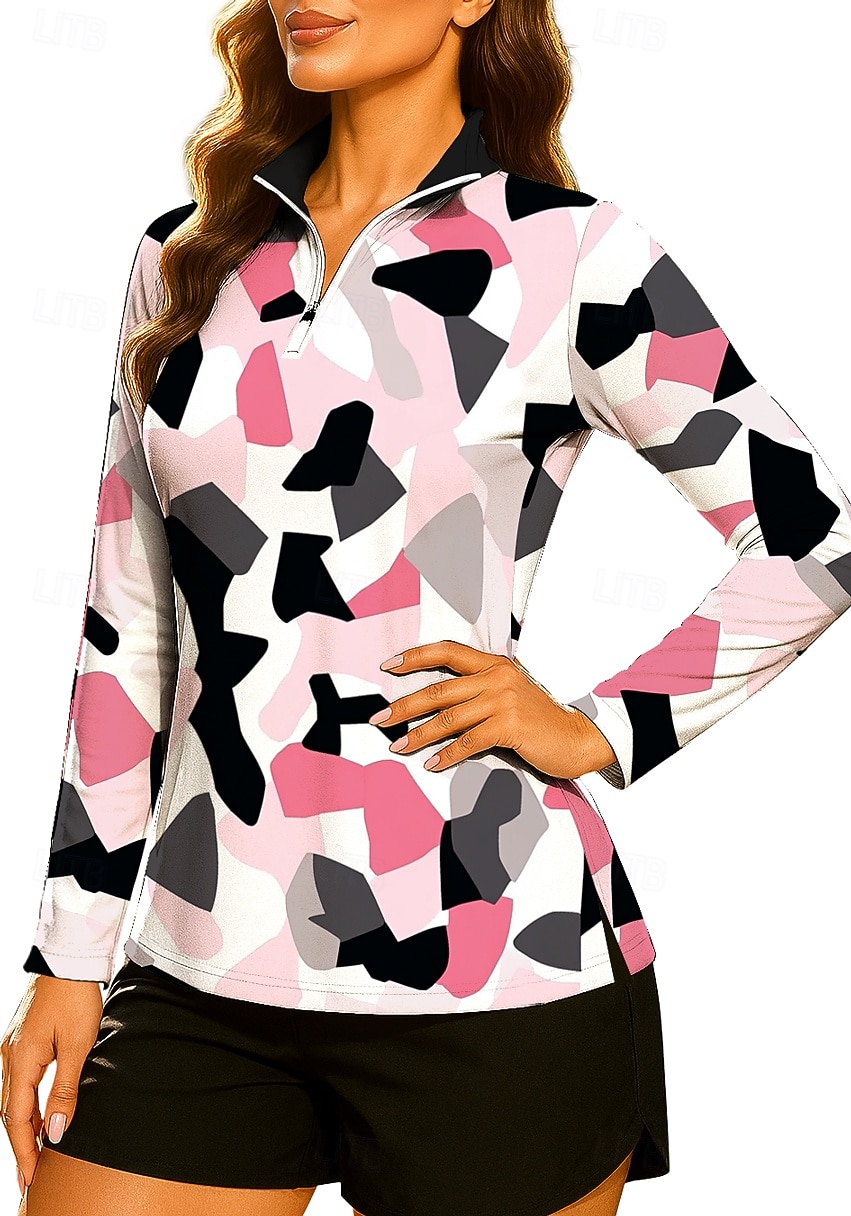Women's Geometric Tops Golf Polo Shirt Tennis Shirt Long Sleeve Print Quarter Zip Pullover UV Protection Elastic Breathable Tennis Golf Pickleball Stand Collar Zip Collar Shirt Sweatshirt Pink Blue 2026 - $25.99 –P3
