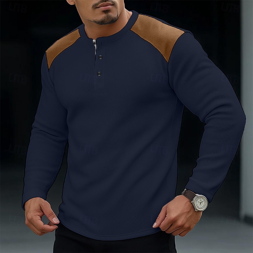 Voor heren Wafel Henley-shirt T-shirt Lange mouw Henley Lente & Herfst Alle seizoenen Kleurenblok Modieus Ontwerper Basic Kleurenblok Vakantie Straat Casual Zwart Wit Rood Top T-shirt voor mannen 2025 - $21.99 –P5