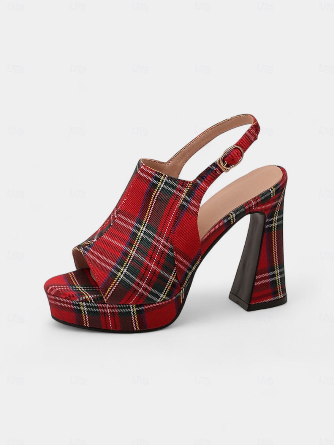 Damensandalen mit rotem Schottenmuster und Plateauabsatz – Peeptoe-High-Heels mit dicker Sohle für das Nachtleben und Weihnachtsfeiern 2025 - $46.99 –P3