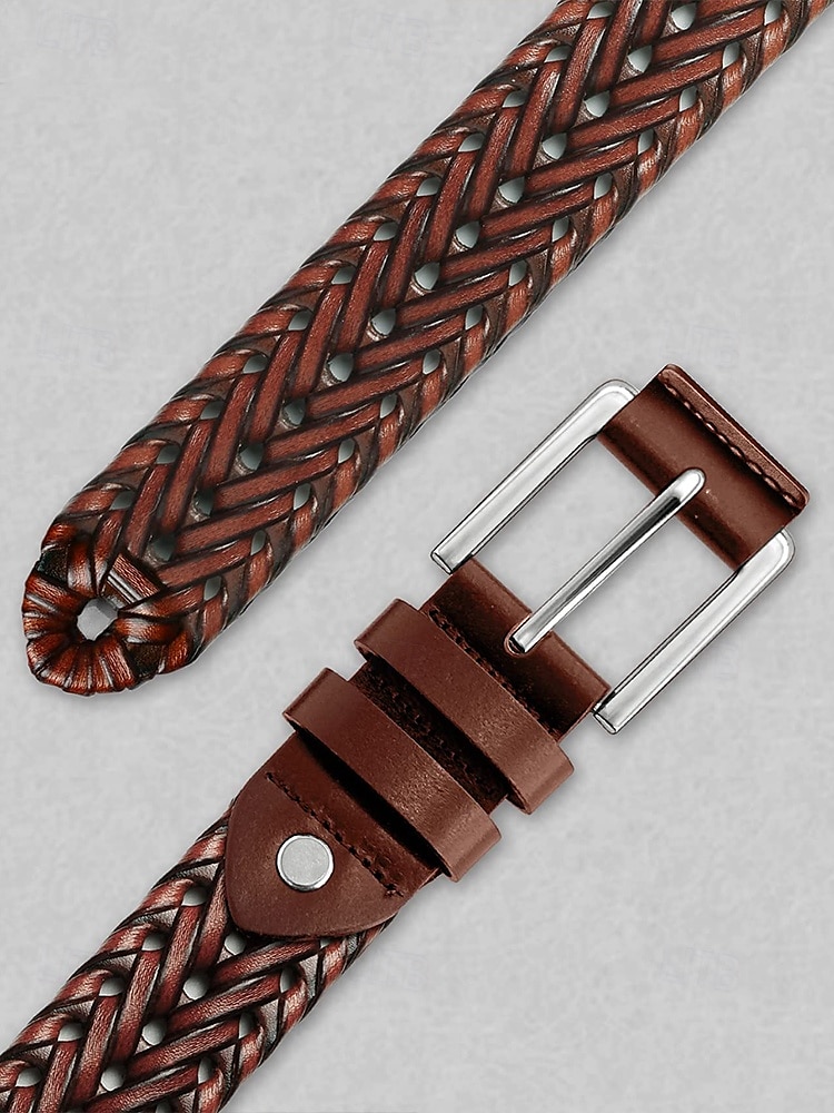 Pánský pletený opasek z pravé kůže – klasický tkaný design s leštěnou přezkou, odolný a nastavitelný doplněk v pase pro ležérní, obchodní a golfové outfity 2026 - $18.99 –P7