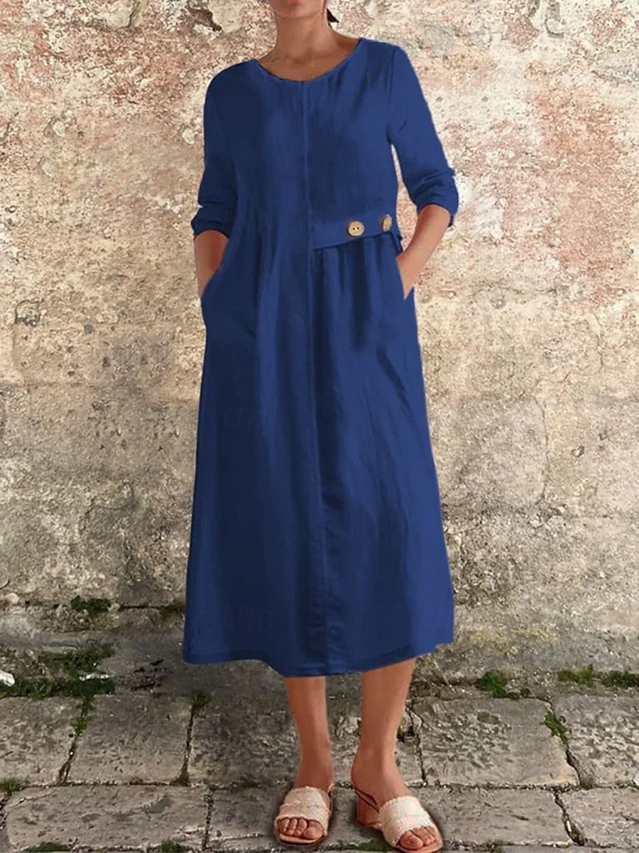 Femmes Robe Midi Robe Décontractée Robe en coton et lin Basique Moderne Quotidien Week-end Coupe régulière Uni Manche 3/4 Col ras du cou Noir Blanche Jaune Rouge Été Printemps Automne de 2025 ? $28.99 –P6