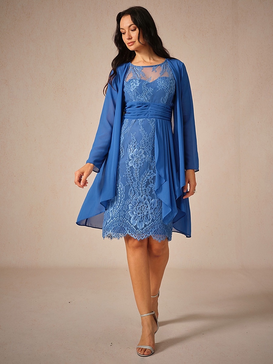 Women's Wedding Guest Jacket Dress Lace Dress Chiffon Dress Cocktail Dresses Formal Dresses Cardigan Ruched Long Sleeve Cocktail Party Blue Spring Summer Fall 2025 - $69.99 –P1