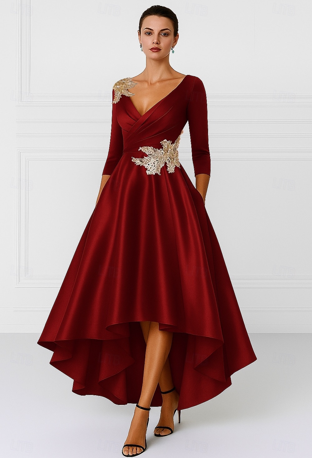 A-linje Asymmetrisk Festkjole Cocktail Kjole Gjestekjole til bryllup Kjole til brudens mor Langermet V-hals Elegant Formell Sateng med Appliqué 2026 - $183.99 –P4