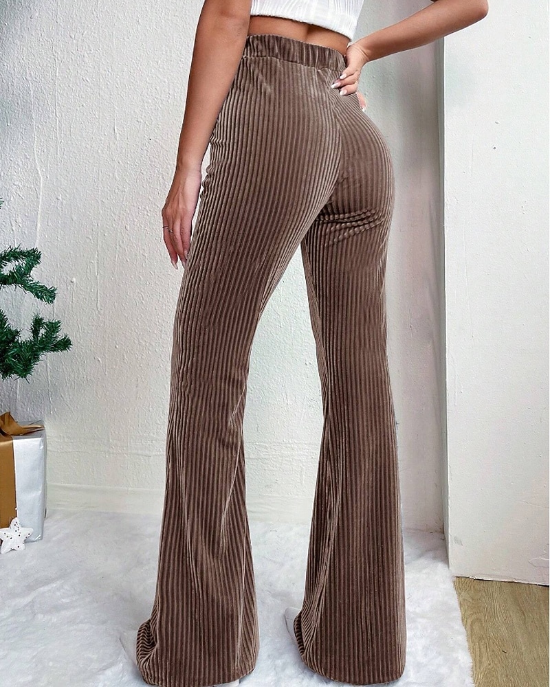 Mulheres Perna larga Calças de Veludo Calças Roupa de rua Casual Comprimento total Natural Tecido Cintura elástica Confortável Ao ar livre Férias Para Noite Vinho Pavão Azul Rosa claro cáqui Outono de 2026 por $22.99 –P8