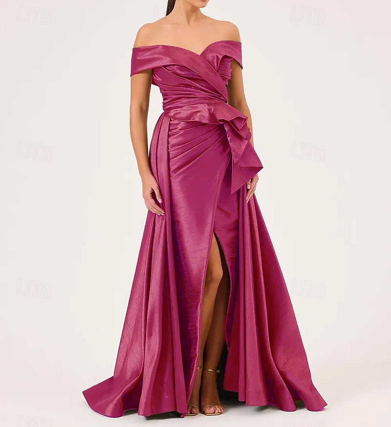 Abito da sera formale a linea A scollato con spalle scoperte taffetà elasticizzato stile celebrità abito formale matrimonio lungo fino al pavimento senza maniche con pieghe ruches e spacchi del 2025 a $159.99 –P5