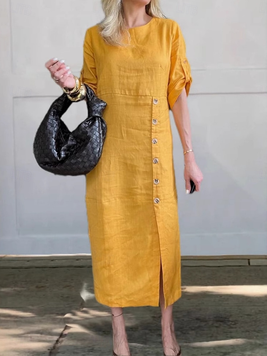 Pentru femei Rochii Midi Rochie casual Rochie din in bumbac De Bază Modern Zilnic Sfârșit de săptămână Fit regulat Simplu Lungime Manșon 3/4 Stil Nautic Negru Galben Albastru piscină Maro Var 2025 - $28.99 –P1