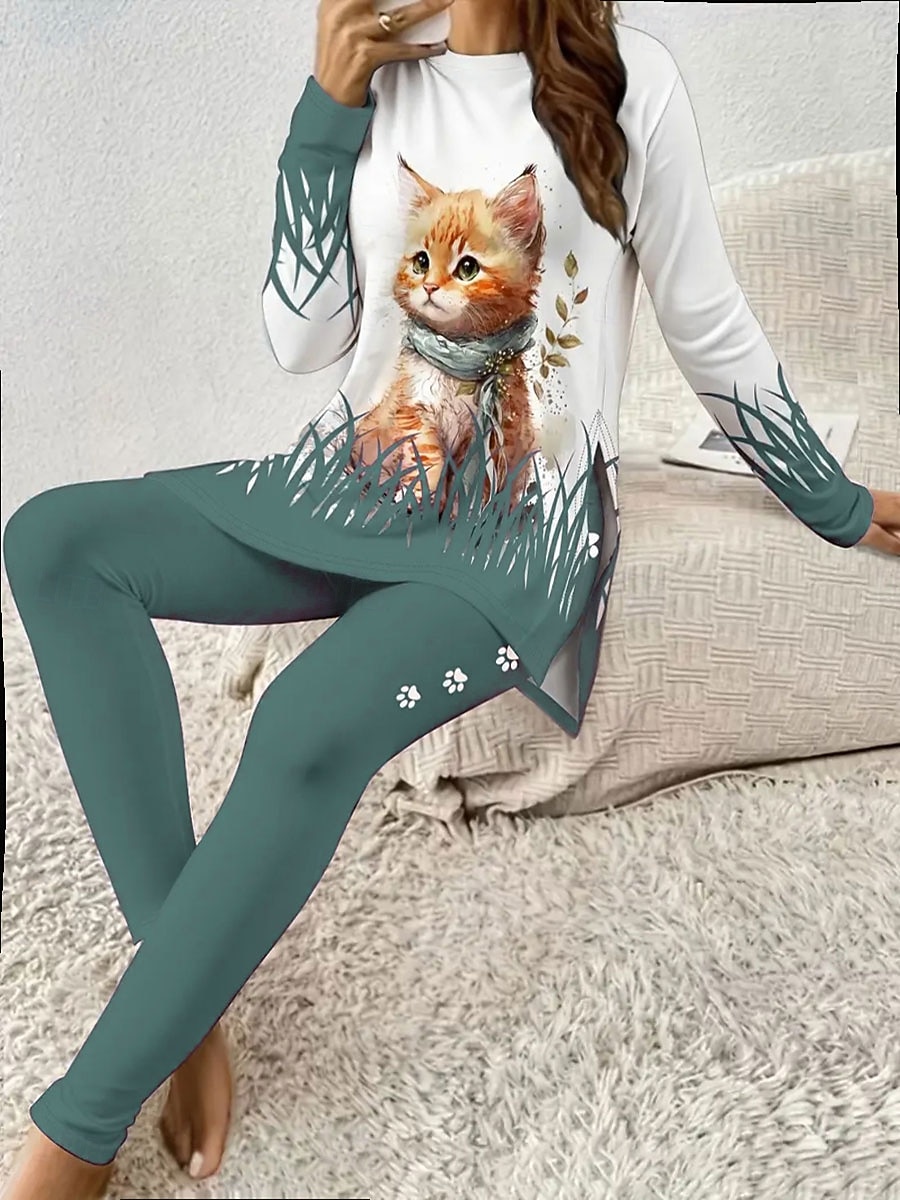 Komplet piżamowy dla kobiet dresy okrągły dekolt długi rękaw casual moda spodnie z nadrukiem grafika zwierzęca kot codzienne niebieski fioletowy zielony regularny krój 2025 - $31.99 –P4