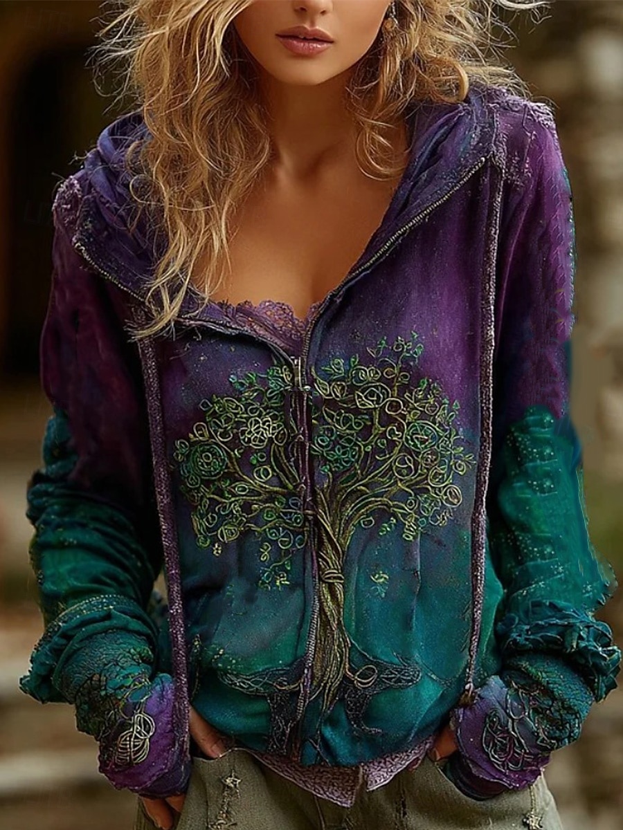 Women's Zip Up Hoodies Floral Punk Active Vintage Long Sleeve Hooded Regular Tops Home Dailywear Casual Yellow Pink Blue Purple Fall Winter 2025 - $34.99 –P1