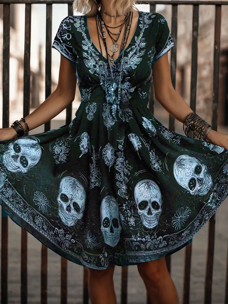 Halloween Damskie Sukienka mini Codzienne sukienki Sukienka t-shirtowa Sukienka letnia Sukienka A line Urlop Codzienny Boho Plaża Regularny Graficzny Czaszka Krótki rękaw W serek Biały Rumiany r 2025 - $22.99 –P4