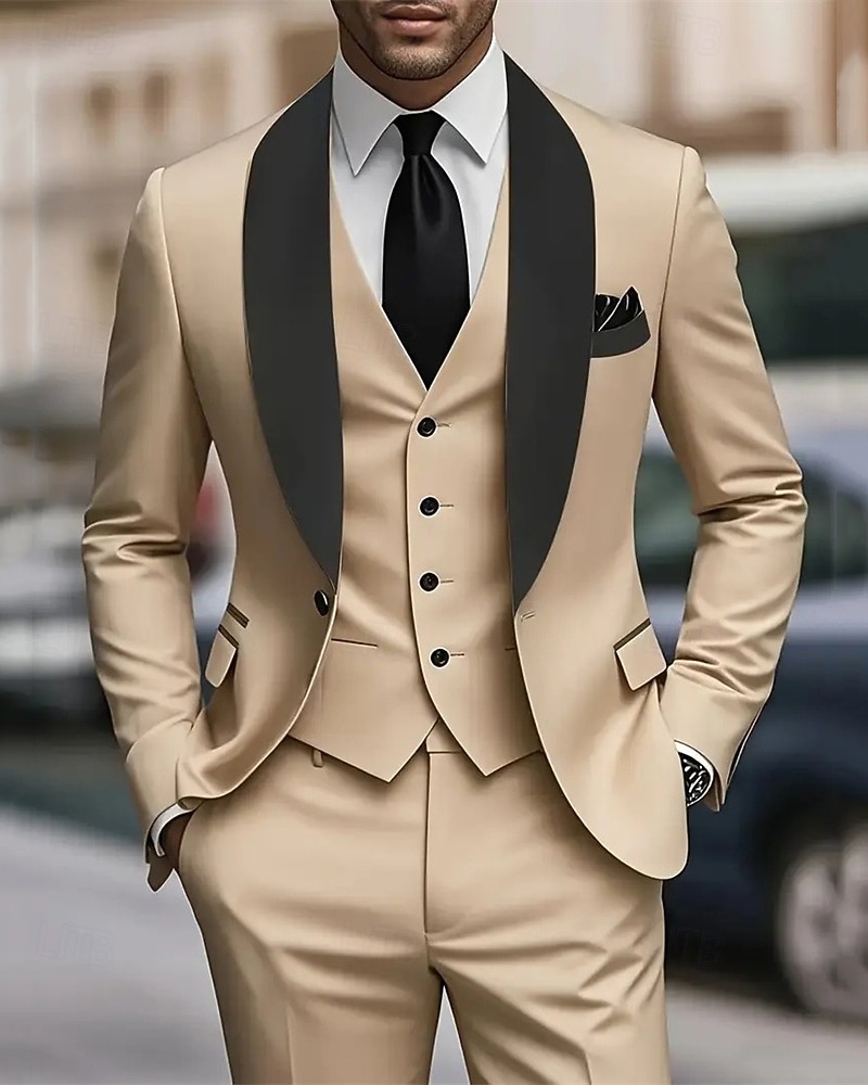 Herren Set Anzüge Anzugweste Geschäft Cocktailparty Hochzeitsfeier 3 Stück Mode Lässig Frühling Herbst Polyester Farbblock Tasche Knöpfe Bequem Einreihig Blazer Schwarz Weiß Burgunderrot Königliches 2025 - $79.99 –P3