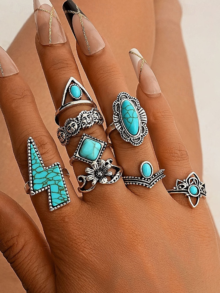 Women's Turquoise Ring Set - Multi-Piece Set of Vintage Bohemian Alloy Jewelry for Women's Holidays, Beach Vacations and Everyday Wear 2025 - $8.39 –P14