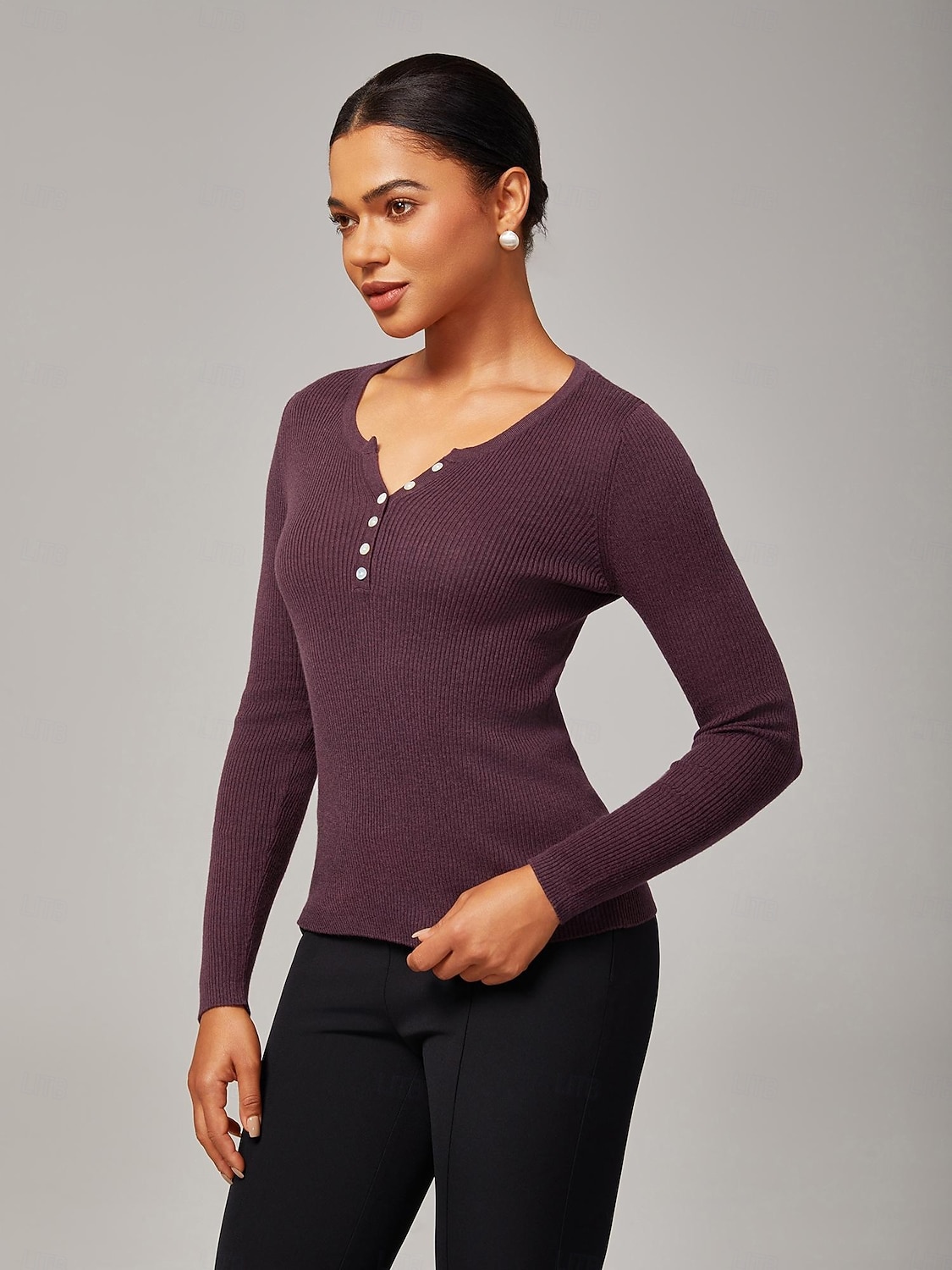 Dam Button Down skjorta Casual skjorta Randig Ledigt Purpur Grön Beige Knappar Långärmad Elegant Semester Grundläggande V-hals Höst Många årstider 2025 - $46.99 –P2