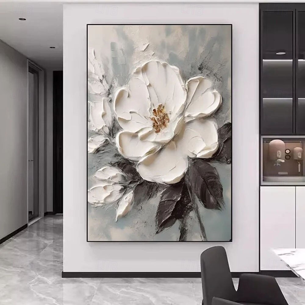 Peinture à l'huile 3D faite à la main, œuvre d'art florale blanche, teintes riches et technique d'impasto texturée mettant en valeur des fleurs vives et des coups de pinceau détaillés. Peinture à de 2025 ? $54.99 –P4