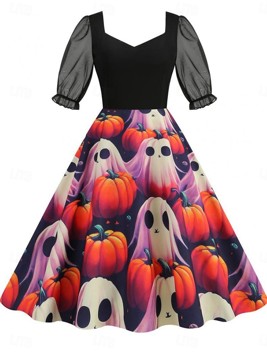 Halloween Naisten Midimekko A linjainen mekko Vapaa-aika Päivittäin Pyhäpäivä Normaali Kurpitsa hämähäkinverkko Lyhythihainen Nelikulmainen kaula-aukko Musta Keltainen Purppura Kesä Kevät Syksy 2025 - $24.99 –P11