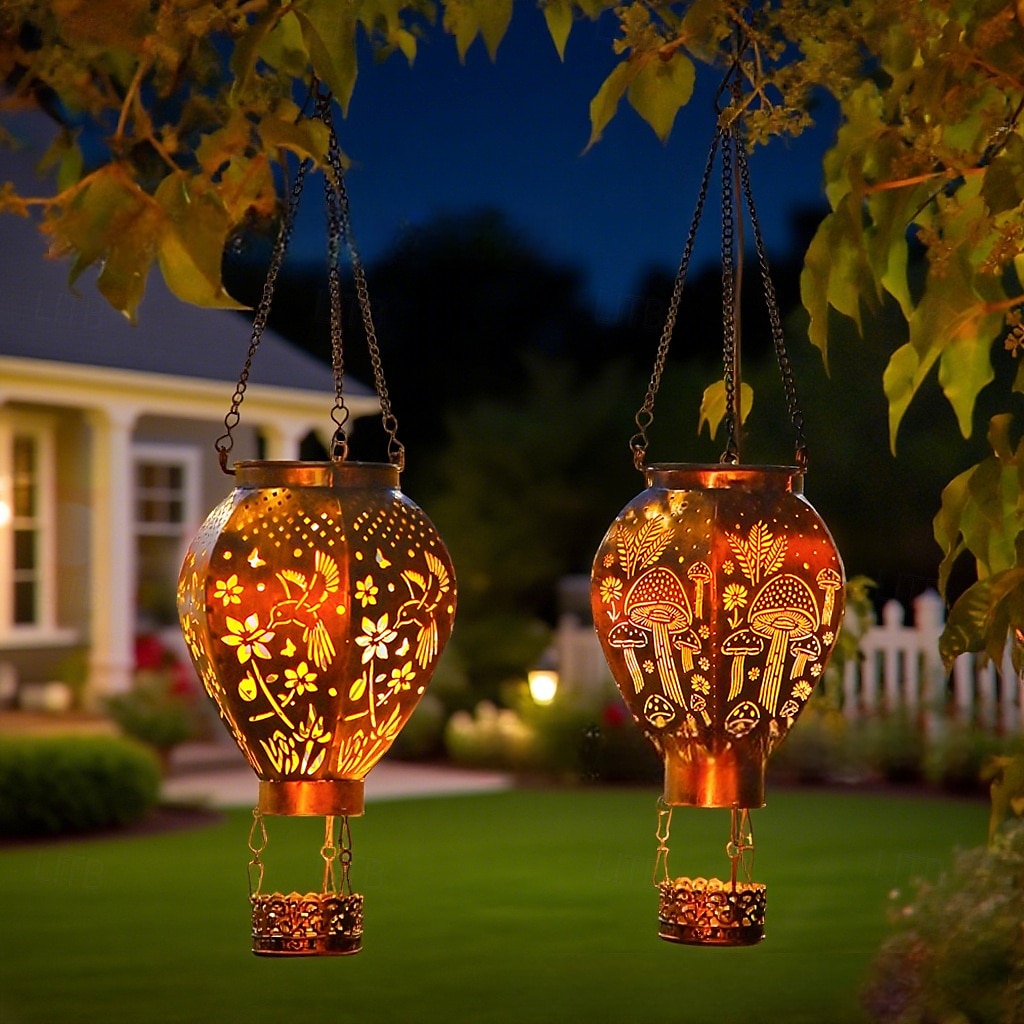 1 pz 45cm luce solare da esterno a sospensione a forma di mongolfiera, luce di proiezione in ferro cavo, colibrì, fungo, cortile, giardino, terrazza, balcone, lanterna decorativa, luce da paesaggio del 2025 a $21.99 –P7