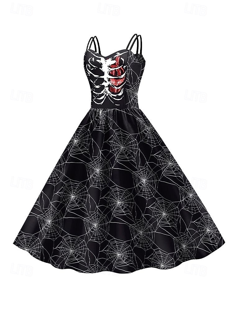 2025年 女性用スカルプリントミニドレス Aラインドレス カジュアル デイリー ホリデー レギュラーフィット スカル ノースリーブ スパゲッティストラップ ブラック ホワイト ワイン サビレッド 夏 春 秋  コレクション – $29.99 –P5