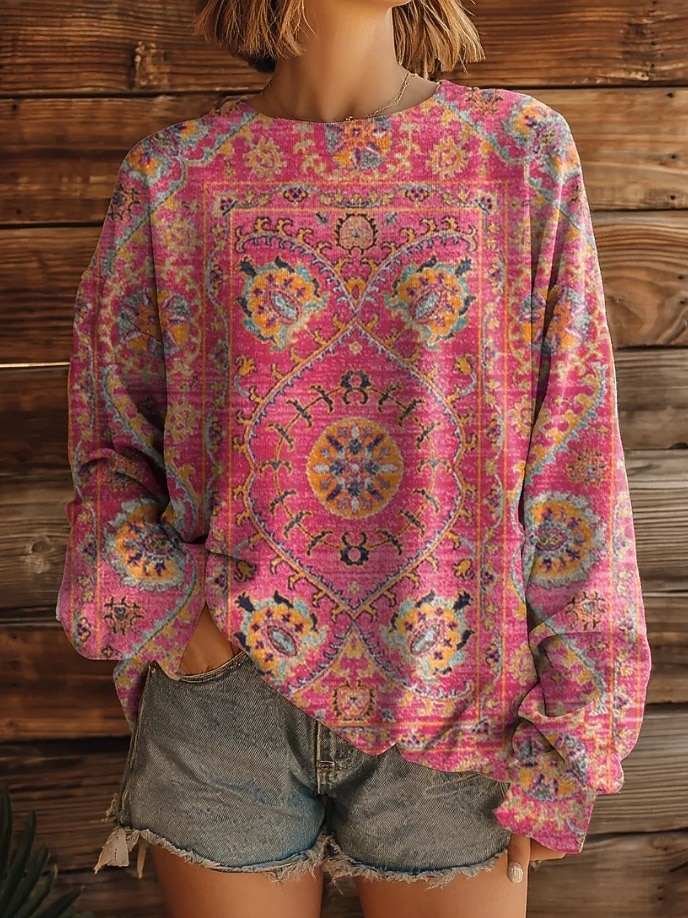 Felpa con cappuccio vintage boho stampata in 3D da donna felpa a patchwork floreale pullover felpa calda attiva vintage abbigliamento street quotidiano casual print bianco giallo rosso blu marrone del 2025 a $26.99 –P5