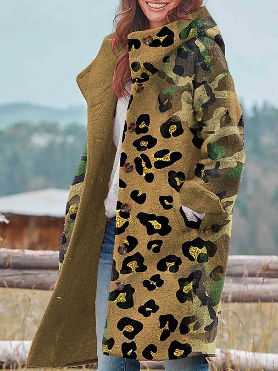 Dame Vinterjakke Fleece-jakke Frakk Hold Varm Pustende Lomme Knapper Trykt mønster Aktiv Daglig Fritid Leopard Feriereise Gate Daglig Enkeltkneppet Lang Hettegenser Normal Langermet Yttertøy Svart 2025 - $46.99 –P3