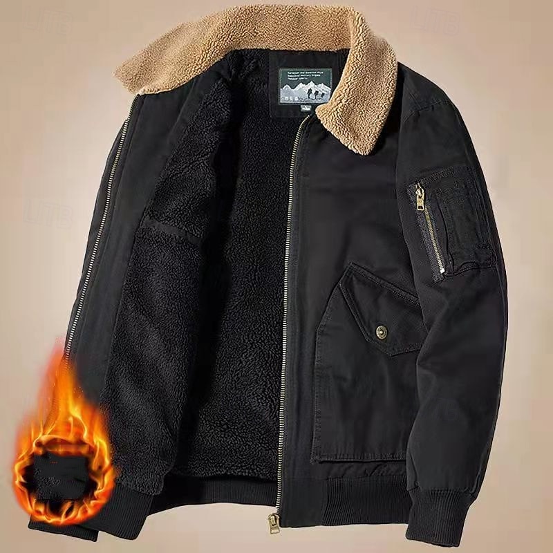 Men's Winter Jacket Bomber Jacket Fleece Jacket Vacation Daily Thermal Warm Pocket Fleece Winter Plain Fashion Streetwear Lapel Regular Black Khaki Army Green Jacket 2026 - $57.99 –P12